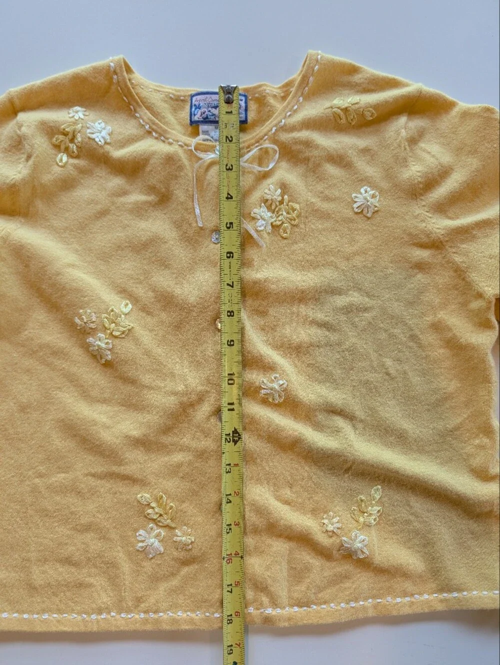 Vintage 90s April Cornell Cotton Ramie Butter Yellow Ribbon Trimmed Cardigan 💐